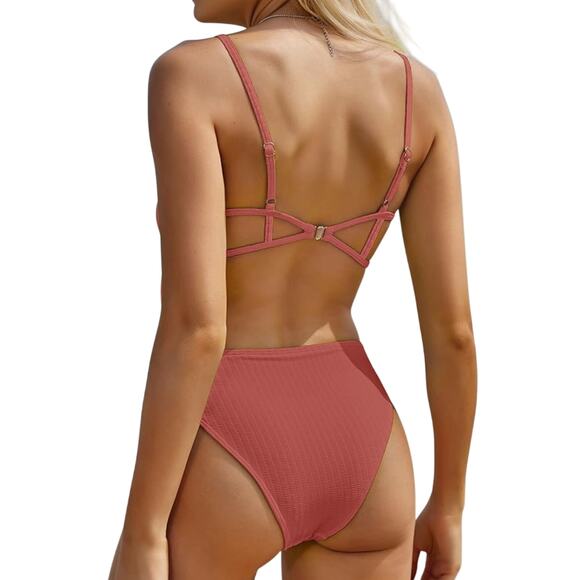 Zaful Light Coffee Clay Ribbed One piece Swimsuit NWT Woman Size Small - Picture 7 of 9